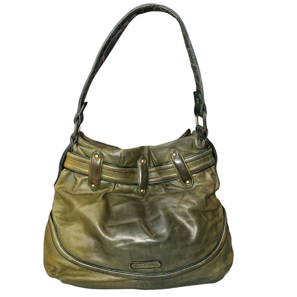 Vintage Cole Haan Hunter Green Leather Hobo Shoulder Bag with an earthy patina